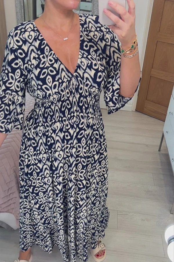 CD | Bohème casual print V-neck waist wrap rochie lungă