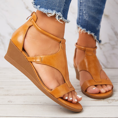 CD | T-Strap Low Wedge Sandale Back Zip Ankle Strap Pantofi