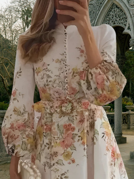 CD | Mini rochie florală cu detalii butoane cu mânecă lungă