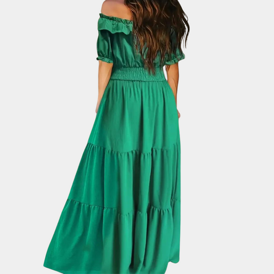 CD | Rochie maxi pentru femei - Desprinsă de pe umăr - Model cu cravată - Talie elastică - Mâneci scurte