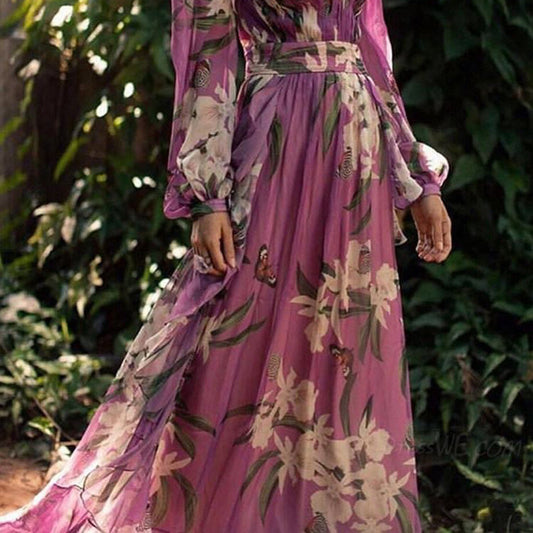 CD | Rochie maxi pentru femei - decolteu în V - fitted - mâneci lungi - design floral ușor