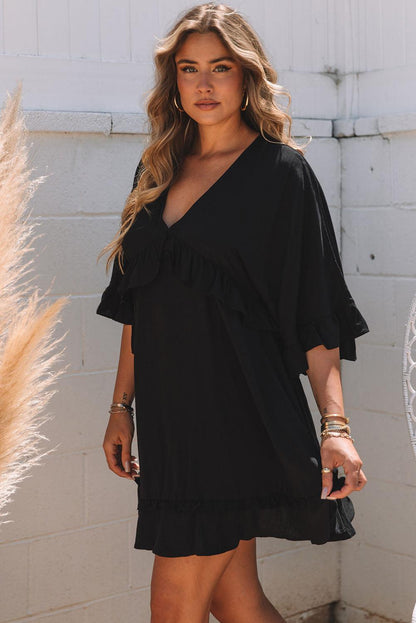 CD | Elegant negru babydoll rochie mini cu decolteu V