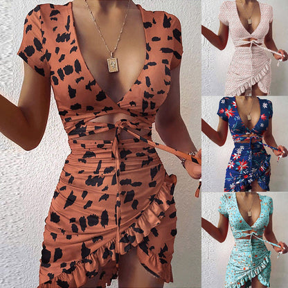 CD | Floral Print Fashion Tie Wrap Mini Rochie