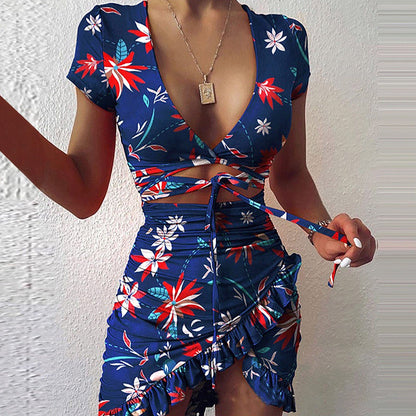 CD | Floral Print Fashion Tie Wrap Mini Rochie