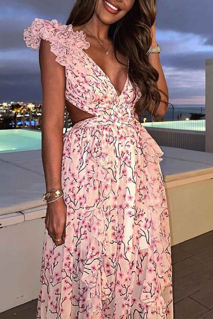 CD | Rochie maxi pentru femei - Decolteu adânc în V - Mâneci încrețite - Talie decupată - Fustă cu tăietură înaltă