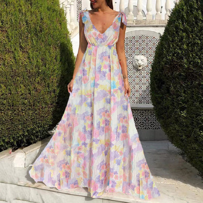CD | Rochie maxi pentru femei - Imprimeu floral - Decolteu rotund - Fără mâneci - Spatele deschis - Croială fluidă