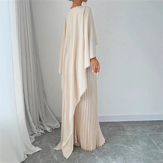 CD | Rochie maxi pentru femei - Decolteu înalt - Mâneci batwing - Fustă plisată - Croială fluidă