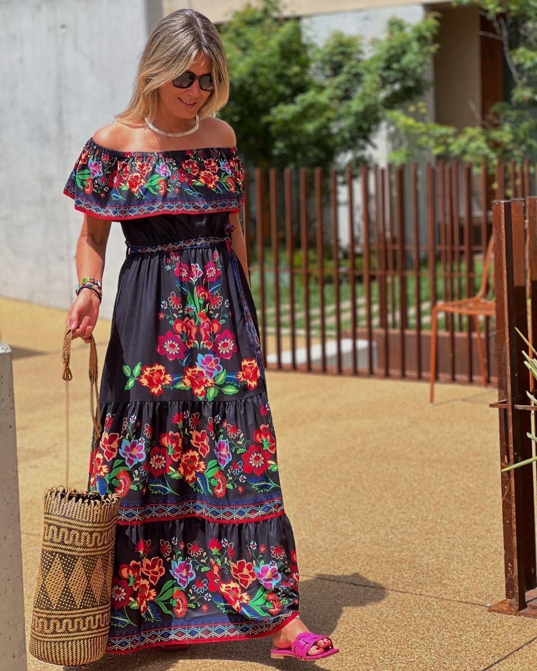 CD | Rochie maxi pentru femei - top cu volane pe umeri - imprimeu floral - amestec de bumbac - cu centură