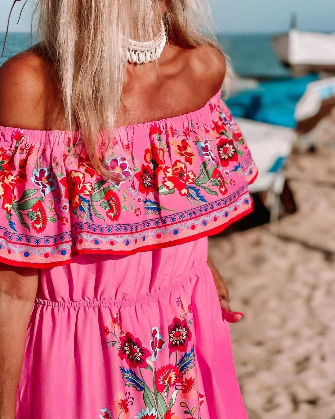 CD | Rochie maxi pentru femei - decolteu cu volane pe umeri - imprimeu floral - fustă cu cravată - curea în talie