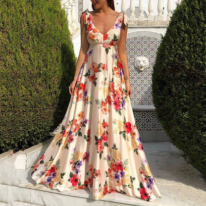 CD | Rochie maxi pentru femei - Imprimeu floral - Decolteu rotund - Fără mâneci - Spatele deschis - Croială fluidă