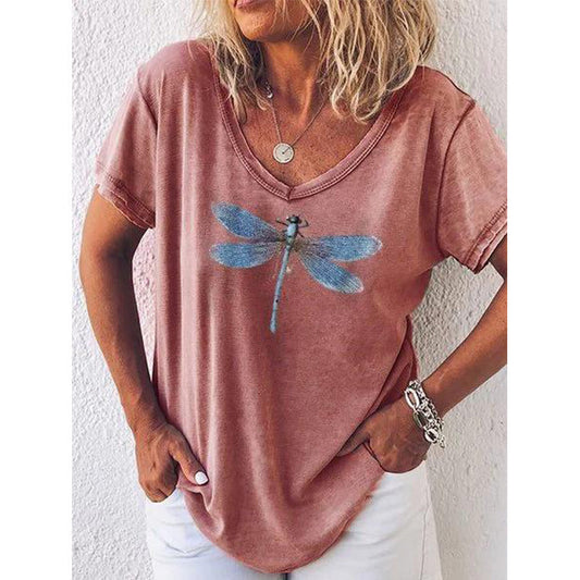 CD | Tricou casual cu decolteu V și mâneci scurte cu motiv libelulă
