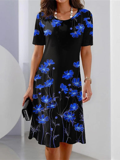 CD | Rochie din in cu mânecă scurtă, cu imprimeu floral