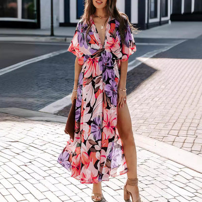 CD | Rochie maxi pentru femei - imprimeu floral - decolteu în V - talie înaltă - fantă laterală - mâneci scurte