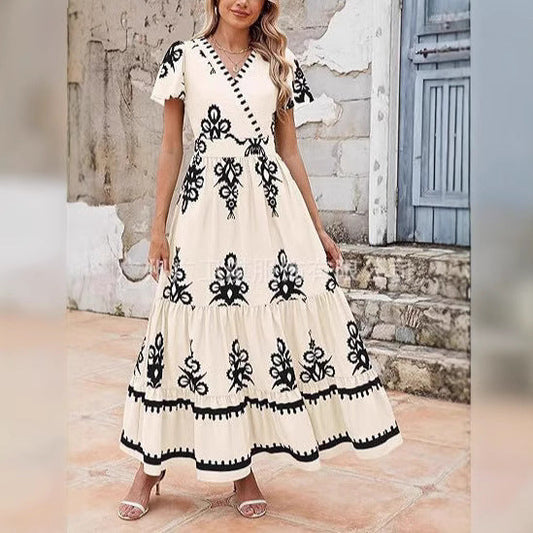 CD | Rochie maxi pentru femei - croială boemă - imprimeu floral - decolteu în V - mâneci scurte