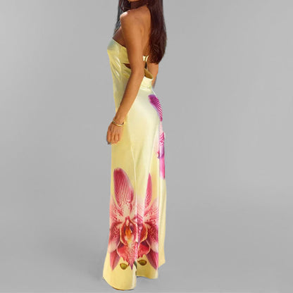 CD | Rochie maxi pentru femei - fără bretele - slim fit - imprimeu floral - țesătură ușoară, elegantă