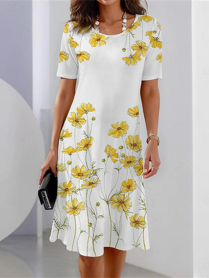CD | Rochie din in cu mânecă scurtă, cu imprimeu floral