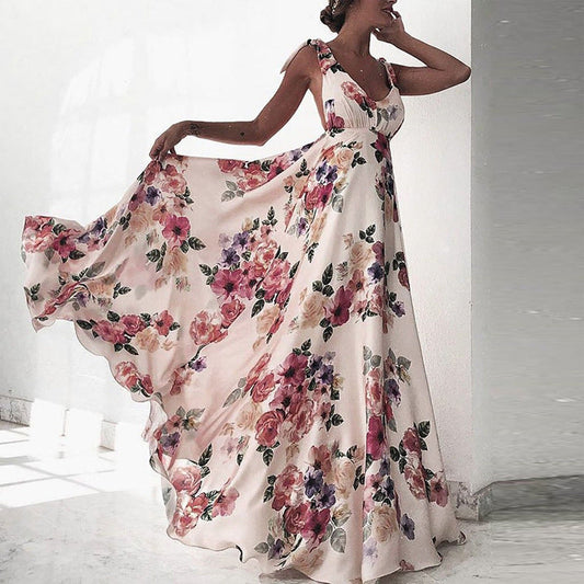 CD | Rochie maxi pentru femei - Imprimeu floral - Decolteu rotund - Fără mâneci - Spatele deschis - Croială fluidă
