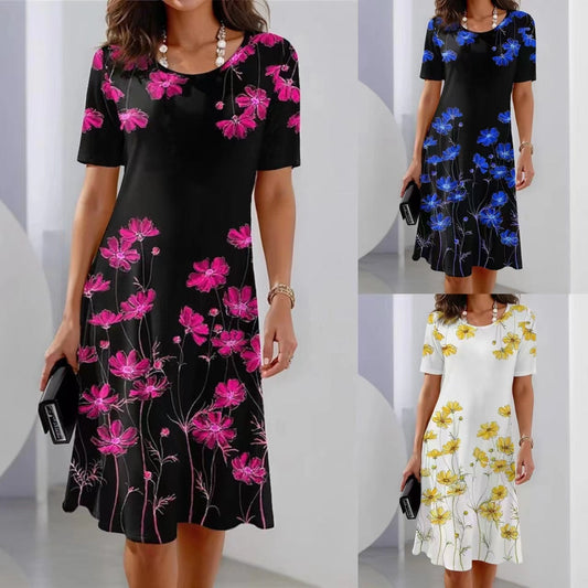 CD | Rochie din in cu mânecă scurtă, cu imprimeu floral
