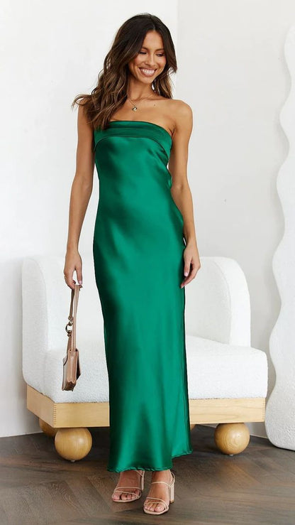 CD | Rochie maxi pentru femei - satin fără bretele - slim fit - ținută de seară formală