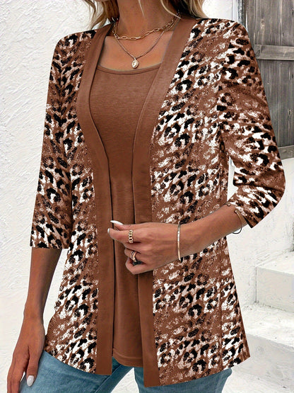 CD Set din două piese, top monocolor și cardigan cu model leopard