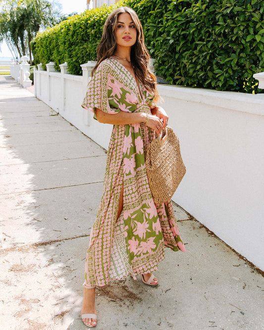 CD | Rochie maxi pentru femei - imprimeu floral - decolteu în V - talie înaltă - fantă laterală - mâneci scurte
