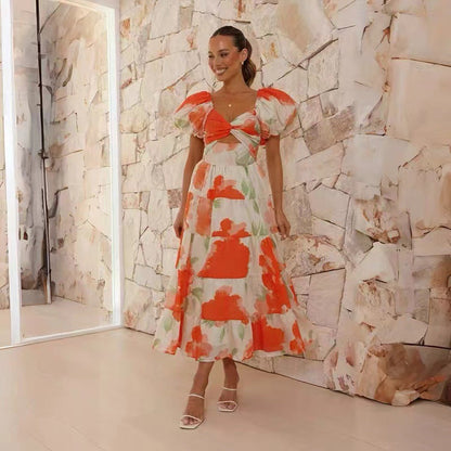 CD | Rochie maxi pentru femei - Bumbac ușor - Mâneci bufante - Piept încrețit - Croială fluidă