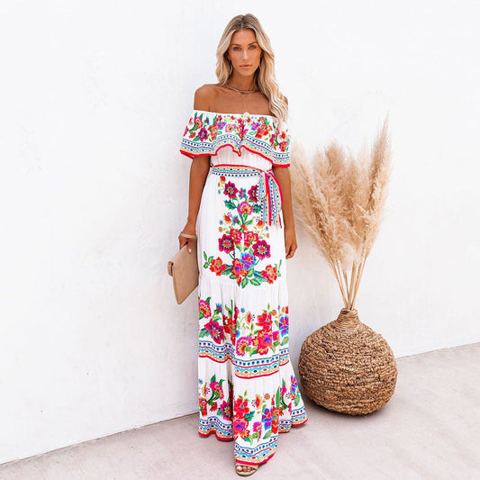 CD | Rochie maxi pentru femei - decolteu cu volane pe umeri - imprimeu floral - fustă cu cravată - curea în talie