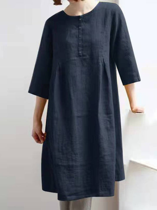 CD | Retro bumbac lenjerie solid plisat jumătate maneca Mini rochie