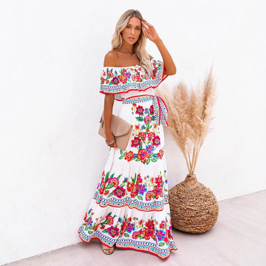 CD | Rochie maxi pentru femei - top cu volane pe umeri - imprimeu floral - amestec de bumbac - cu centură