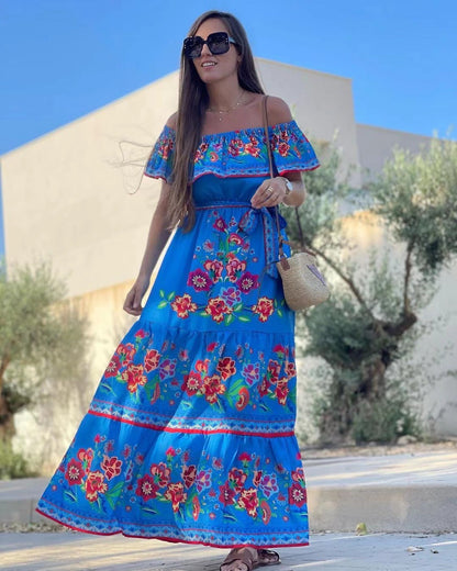 CD | Rochie maxi pentru femei - decolteu cu volane pe umeri - imprimeu floral - fustă cu cravată - curea în talie