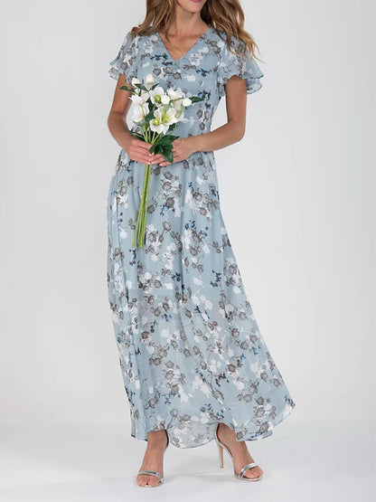 CD | Rochie maxi din sifon floral cu mâneci bufante și decolteu în V