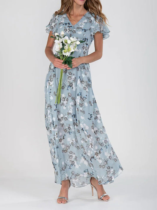 CD | Rochie maxi din sifon floral cu mâneci bufante și decolteu în V