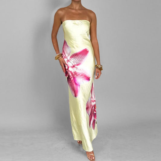 CD | Rochie maxi pentru femei - fără bretele - slim fit - imprimeu floral - țesătură ușoară, elegantă