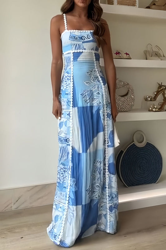 CD | Rochie maxi pentru femei - Croială fluidă în formă de A - Amestec de bumbac - Dantelă - Imprimeu floral boho
