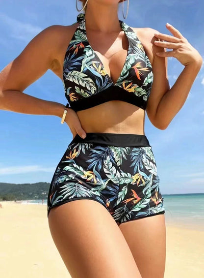 CD femei de moda frunze imprimare curele split bikini costume de baie