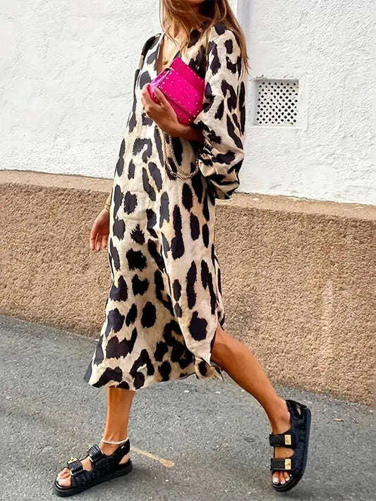 CD | Rochie midi cu imprimeu leopard și mâneci trei sferturi