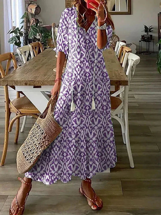 CD | Rochie midi cu model boho și mâneci scurte
