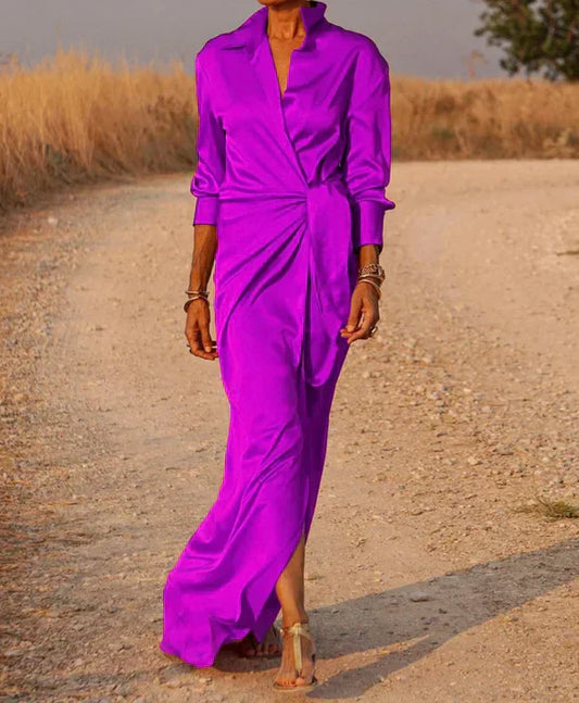 CD | Rochie maxi pentru femei - aspect satinat - aspect wrap - cu guler - talie încrețită - mâneci lungi