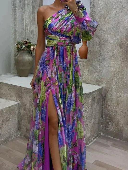 CD | Rochie maxi fluidă cu imprimeu floral și un umăr în liliac