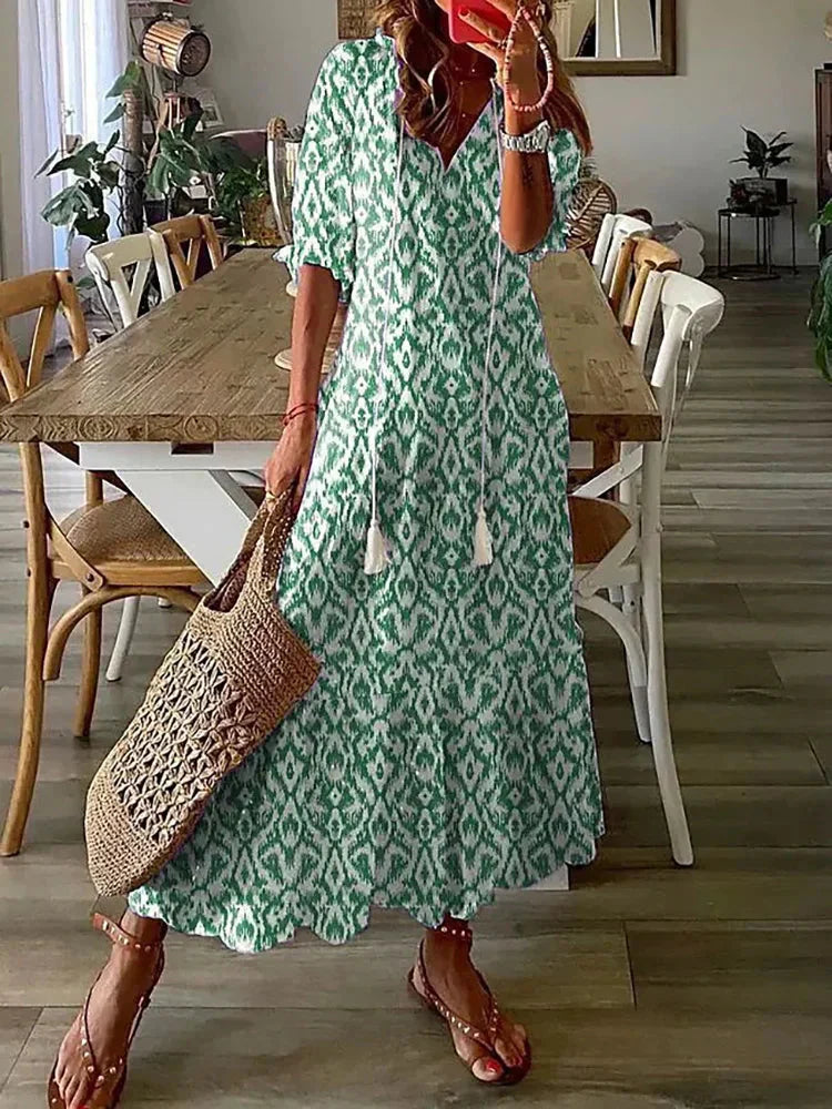 CD | Rochie midi cu model boho și mâneci scurte