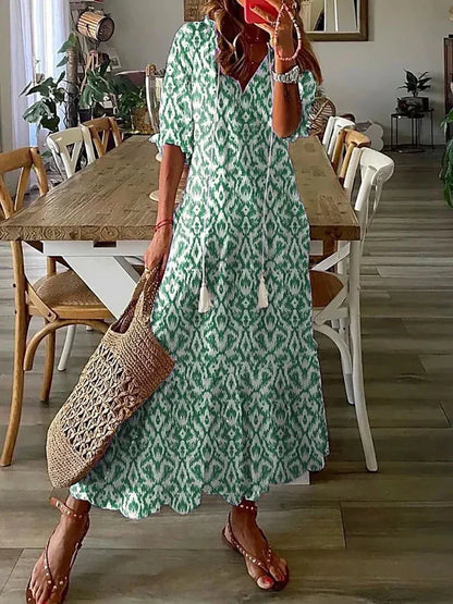 CD | Rochie midi cu model boho și mâneci scurte
