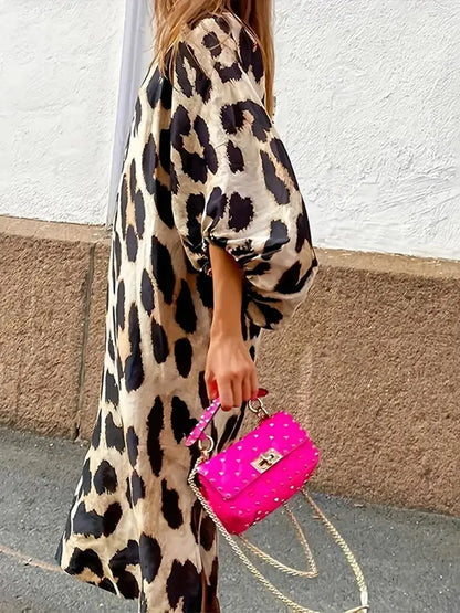 CD | Rochie midi cu imprimeu leopard și mâneci trei sferturi