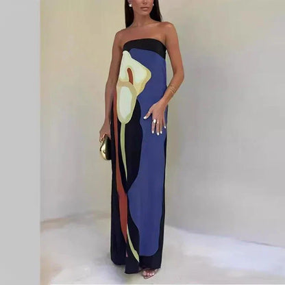 CD | Rochie maxi pentru femei - fără bretele - material ușor - siluetă coloană - imprimeu abstract