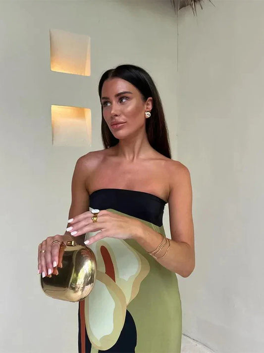 CD | Rochie maxi pentru femei - fără bretele - material ușor - siluetă coloană - imprimeu abstract
