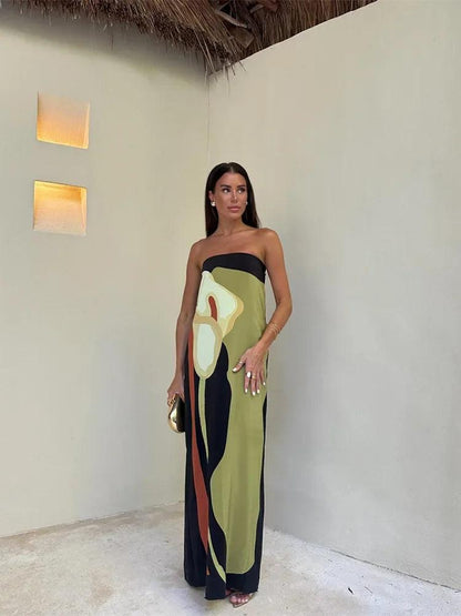 CD | Rochie maxi pentru femei - fără bretele - material ușor - siluetă coloană - imprimeu abstract