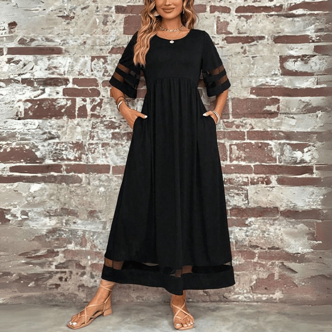 CD | Rochie maxi pentru femei - Croială fluidă - Talie Empire - Dantelă pe mâneci - Lungime până la gleznă