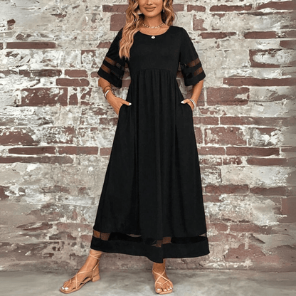 CD | Rochie maxi pentru femei - Croială fluidă - Talie Empire - Dantelă pe mâneci - Lungime până la gleznă