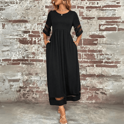 CD | Rochie maxi pentru femei - Croială fluidă - Talie Empire - Dantelă pe mâneci - Lungime până la gleznă