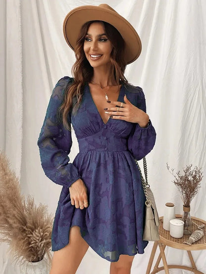 CD | 2024 Rochie mini boho sexy, verde, cu mânecă lungă, decoltată, în stil A-line
