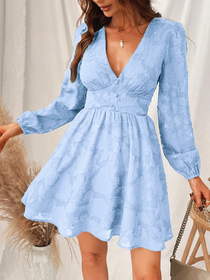 CD | 2024 Rochie mini boho sexy, verde, cu mânecă lungă, decoltată, în stil A-line